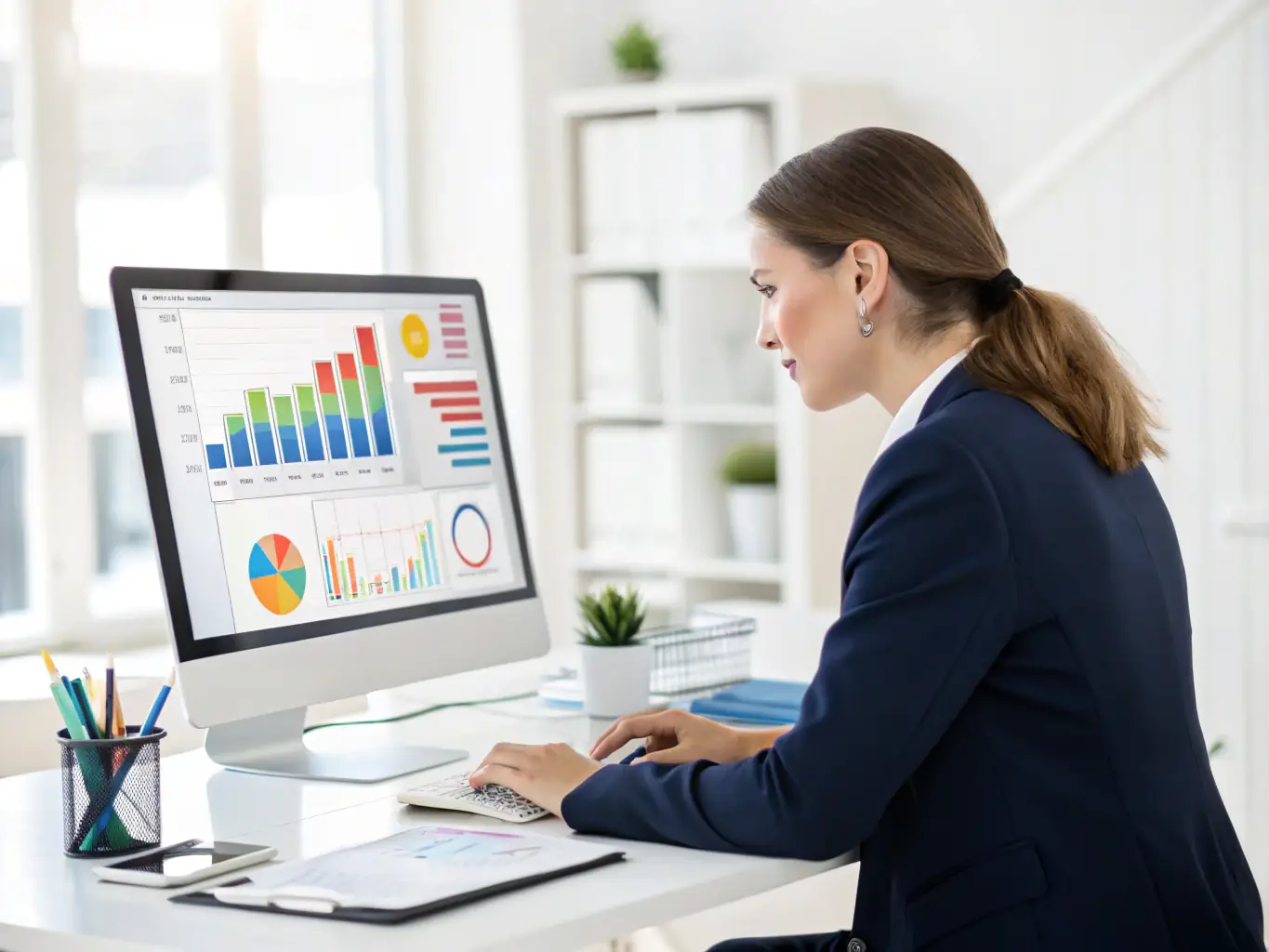A consultant advising a client in front of a computer screen, illustrating the personalized guidance and strategic planning involved in e-commerce consulting.