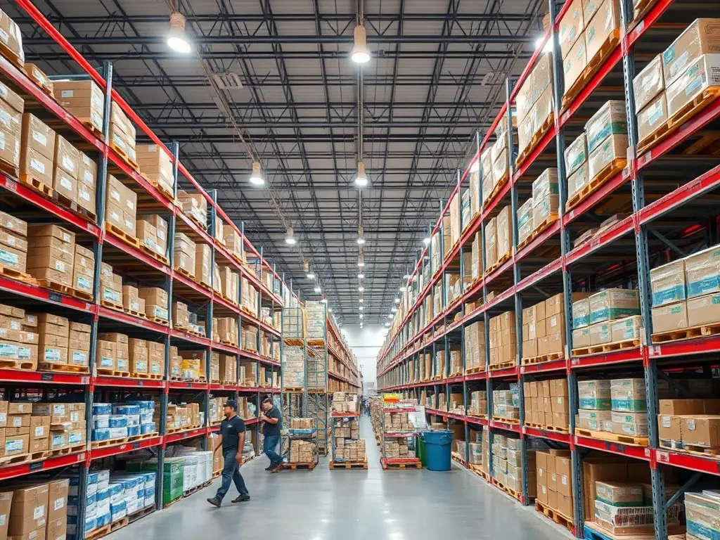 A professional photograph showcasing a well-organized Amazon FBA warehouse with products neatly stacked and ready for shipment, emphasizing efficiency and logistical excellence.